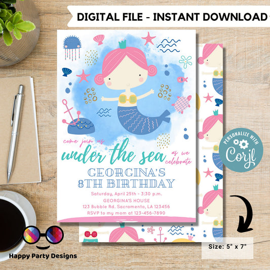 EDITABLE Under the sea Mermaid Birthday Invitation | Girl Birthday | Mermaid Birthday Invite | Little Mermaid Evite | Under The Sea