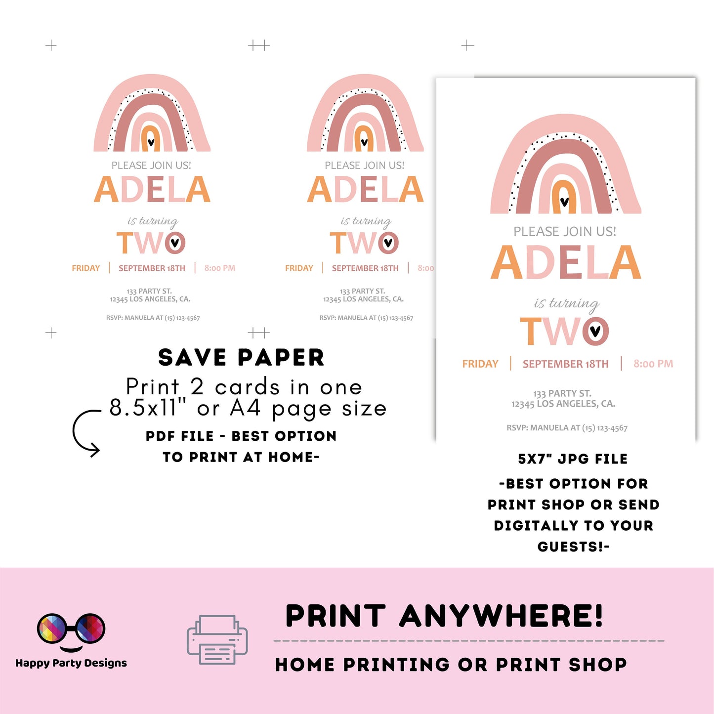 Second birthday Rainbow Invitation | EDITABLE Invitation  | Boho birthday Invitation | Rainbow Birthday | Digital File | Instant Download