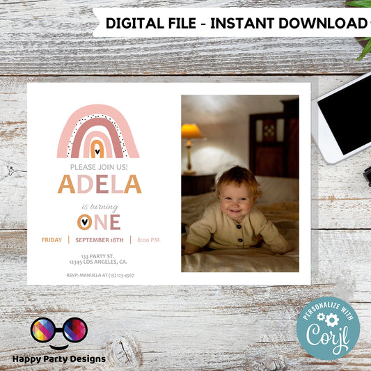 First birthday Rainbow Invitation with picture | EDITABLE Invitation  | Boho birthday Invitation | Rainbow Birthday | Digital File