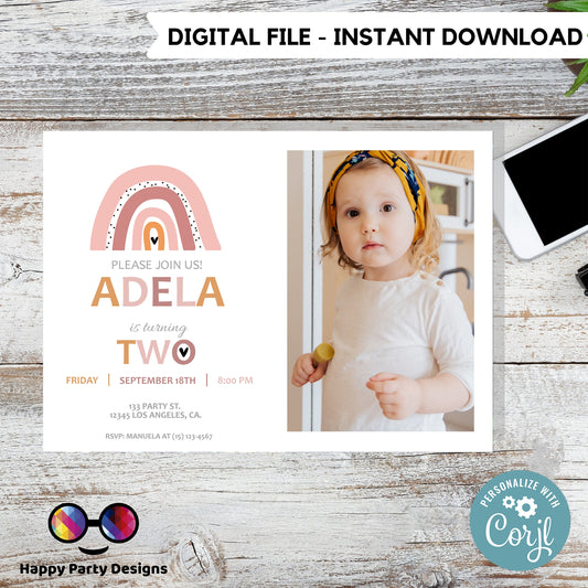 Second birthday Rainbow Invitation with picture | EDITABLE Invitation  | Boho birthday Invitation | Rainbow Birthday | Digital File