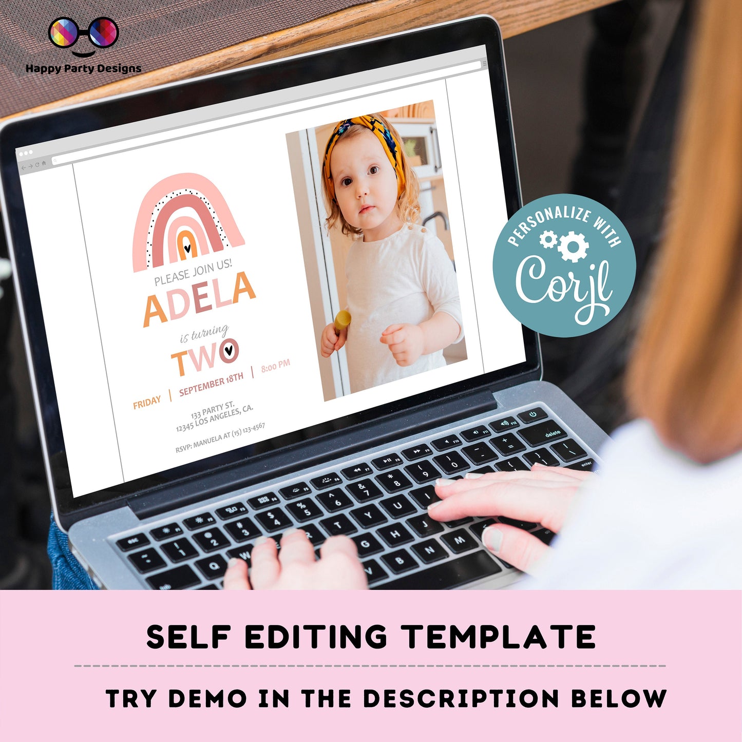 Second birthday Rainbow Invitation with picture | EDITABLE Invitation  | Boho birthday Invitation | Rainbow Birthday | Digital File