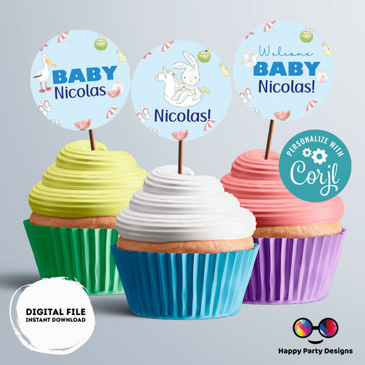 Editable Pool baby bash cupcake toppers | Instant download | Boy baby shower | Pool party | Baby Shower | Pool baby shower for boy #B1