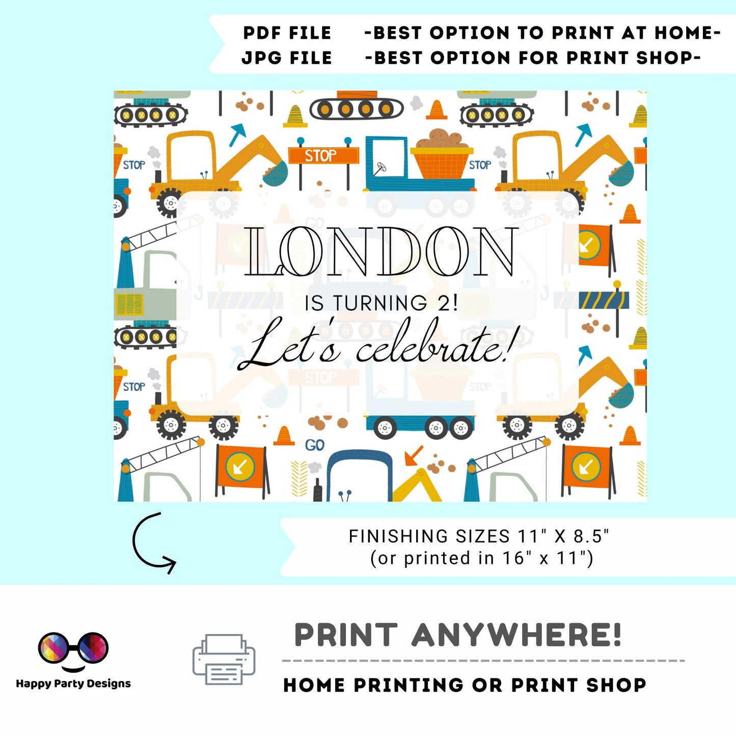 Editable Trucks Placemat | construction  Birthday | Any Age | construction  party | construction party decor | Personalize Online