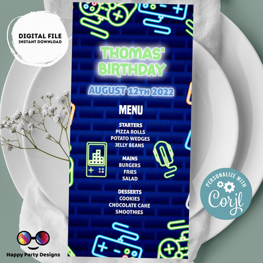 Editable Video Gamer Menu | Digital Video Gamer printable menu  | Birthday boy | Video Gamer menu | Personalize Online | Corjl #K50