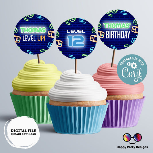 Editable Video Gamer Cupcake toppers | Neon Video Gamer Birthday  | Editable online Cupcake Toppers | Digital | Gamer Birthday Party #K50