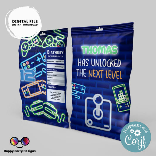 Editable video gamer Chip Bag | Digital neon video gamer printable Chip Bag | Party Snack video gamer Birthday boy | Personalize Favors #K50