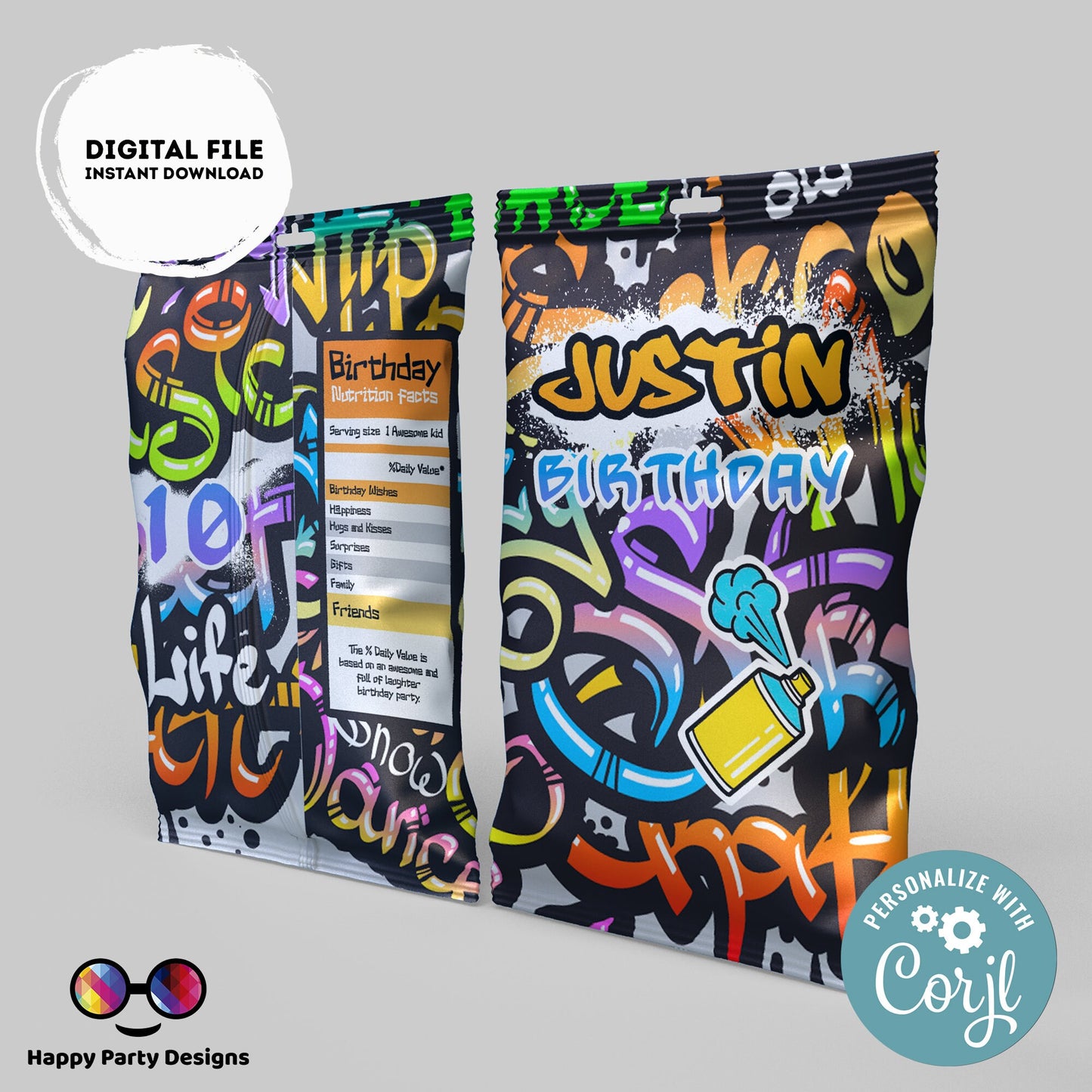 Editable Graffiti Chip Bag | Digital Graffiti  printable Chip Bag | Party Snack Graffiti  Birthday boy | Personalized Favors  Corjl #K1