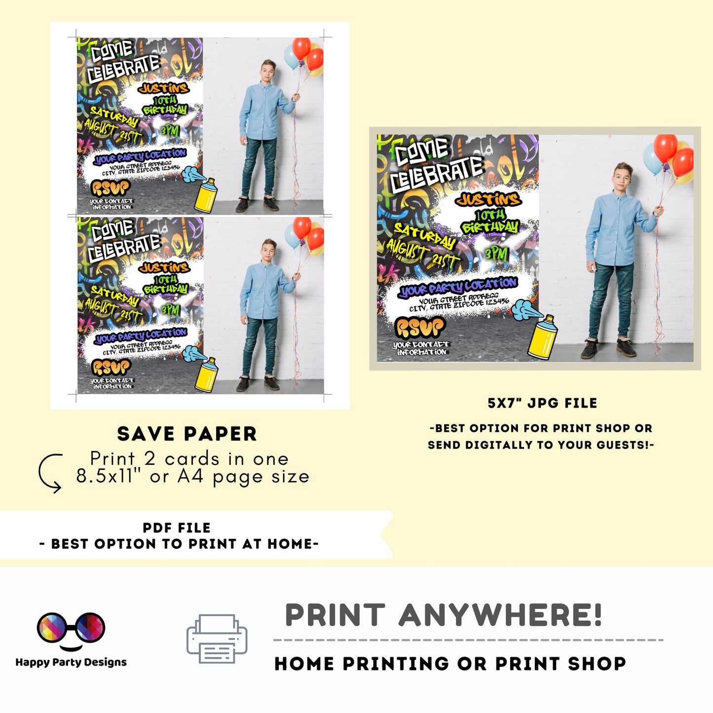 Editable Graffiti invitation with photo | Digital graffiti printable invite | Birthday boy | Graffiti Invitation | Personalize Online #K1