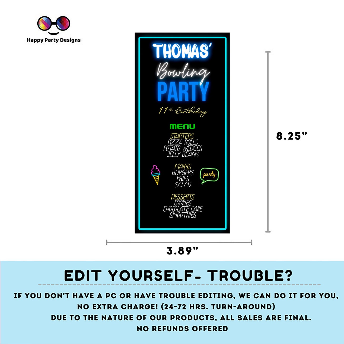 Editable Bowling Menu | Digital Bowling printable menu  | Birthday boy | Bowling menu | Personalize Online