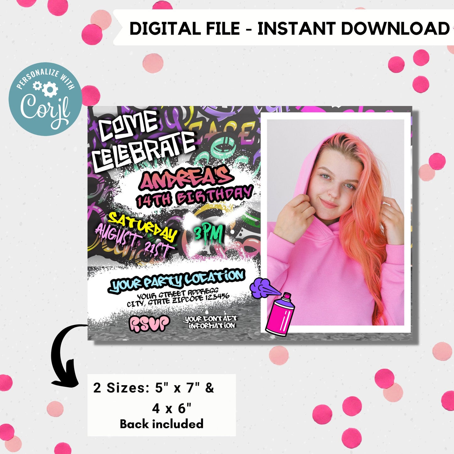 Editable Graffiti invitation with photo | Digital graffiti printable invite | Birthday girl | Graffiti Invitation | Personalize Online #K2