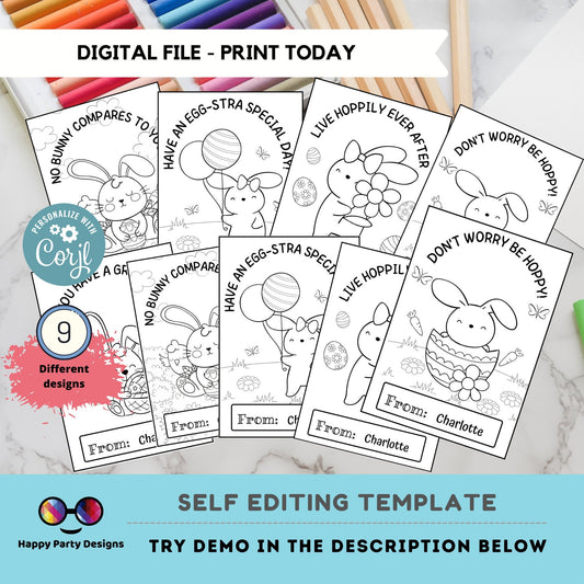 Editable Set of 9 Easter Printable Coloring Cards | for Kids | Easter Coloring Activity | Easter basket tag | School activity | Corjl