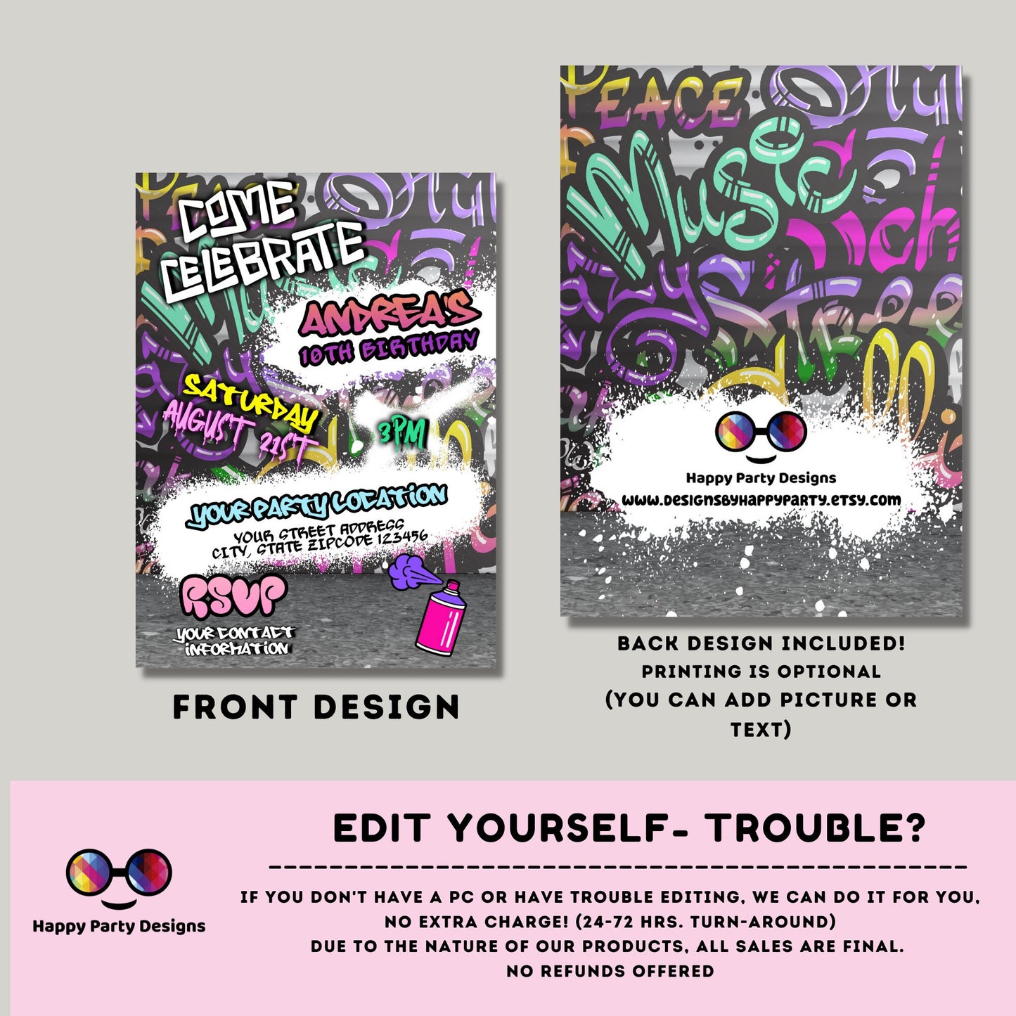 Editable Graffiti invitation | Digital graffiti printable invite | Birthday girl | Graffiti Invitation | Personalize Online