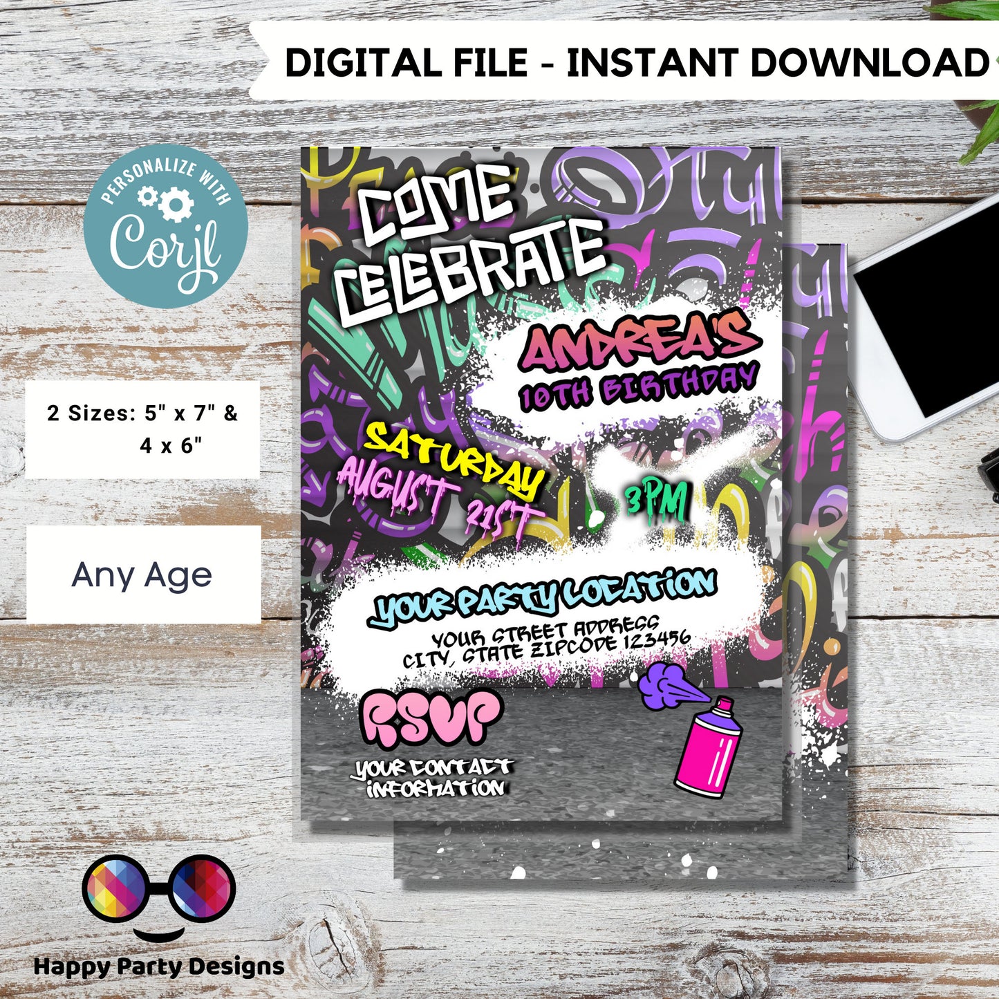 Editable Graffiti invitation | Digital graffiti printable invite | Birthday girl | Graffiti Invitation | Personalize Online