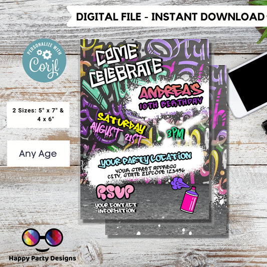 Editable Graffiti invitation | Digital graffiti printable invite | Birthday girl | Graffiti Invitation | Personalize Online