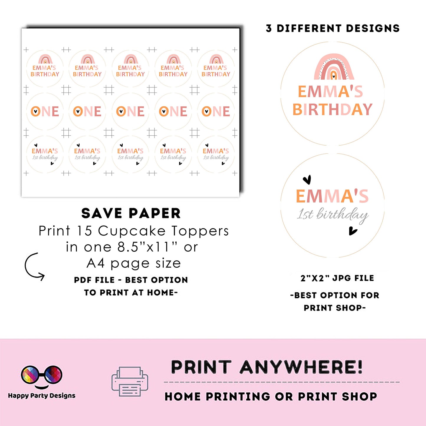 Editable boho rainbow Round cupcake toppers | rainbow birthday | Boho Birthday Party | Boho Rainbow | girl Birthday Party | stickers