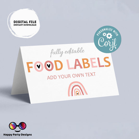 Boho rainbow Birthday food tent | Rainbow party | buffet labels | Boho birthday party | food label template