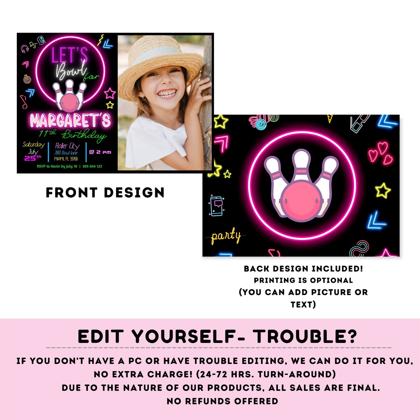 EDITABLE Bowling Birthday Girl with picture | Bowling Girl Invitation | Birthday Girl | invitation with photo | Digital | Neon Party #KID3