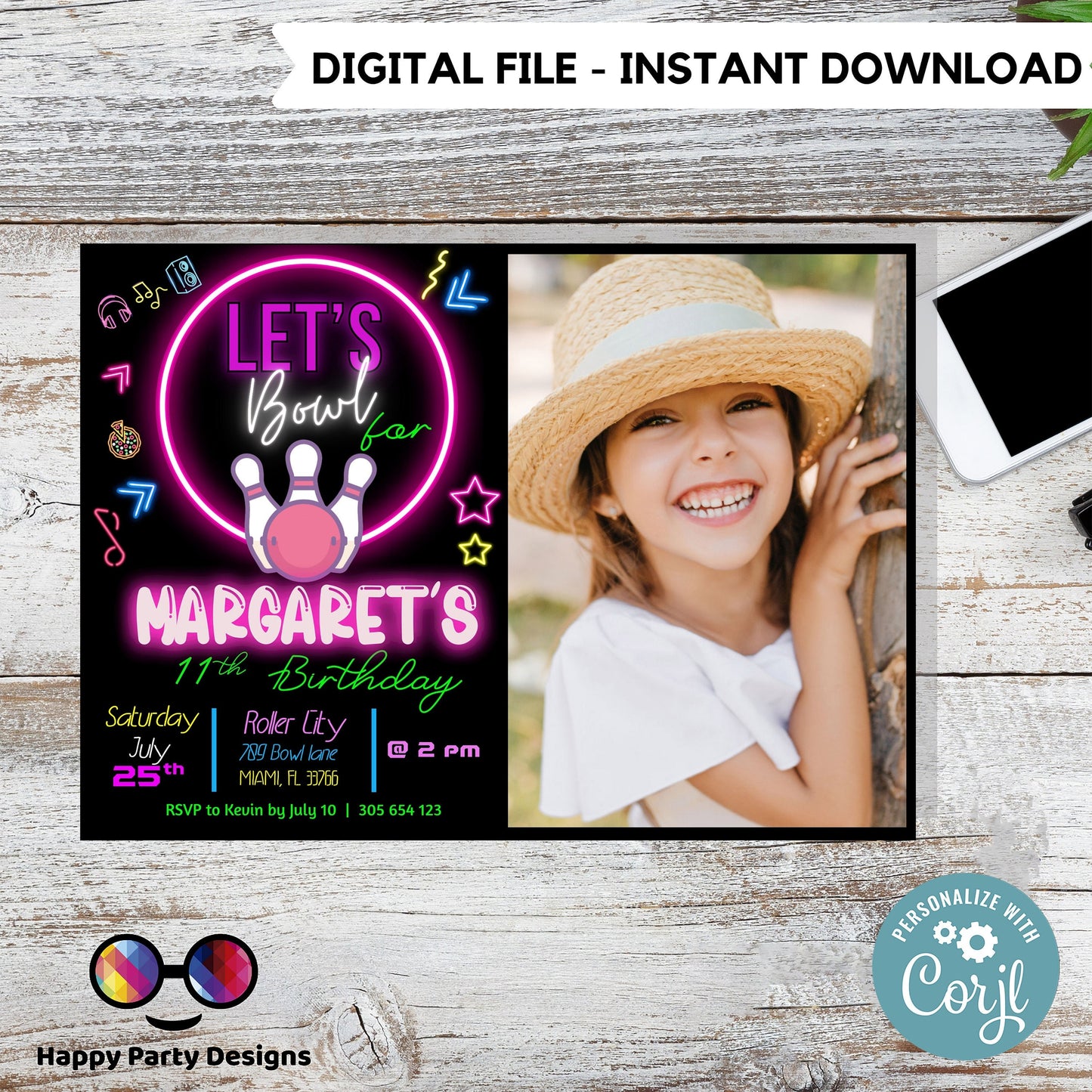 EDITABLE Bowling Birthday Girl with picture | Bowling Girl Invitation | Birthday Girl | invitation with photo | Digital | Neon Party #KID3