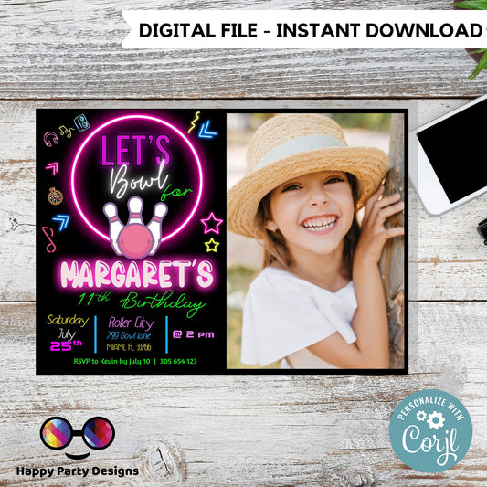 EDITABLE Bowling Birthday Girl with picture | Bowling Girl Invitation | Birthday Girl | invitation with photo | Digital | Neon Party #KID3