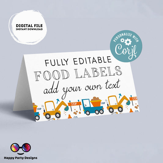Editable Trucks Birthday food tent | Trucks party | buffet labels | Construction birthday party | food label template | Under construction