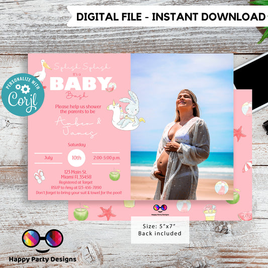 EDITABLE Pool Baby Bash invitation with photo | Pool party Invitation | Baby Shower | Instant Download | Baby girl | Summer baby shower #B2