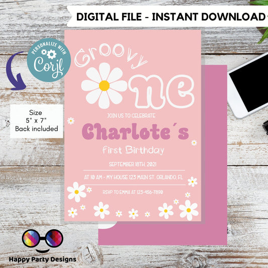Groovy One Retro 1st Birthday Invitation | First Birthday | Retro Floral |  70s Flower Power | Download Editable Template Corjl Editable