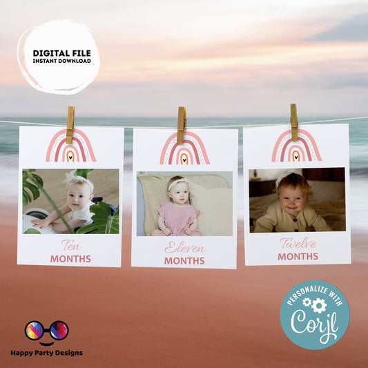 Editable Boho Rainbow Photo Banner | First Birthday | Modern 12 month Banner | Printable Rainbow Birthday | Girls Birthday Party Decor #P1