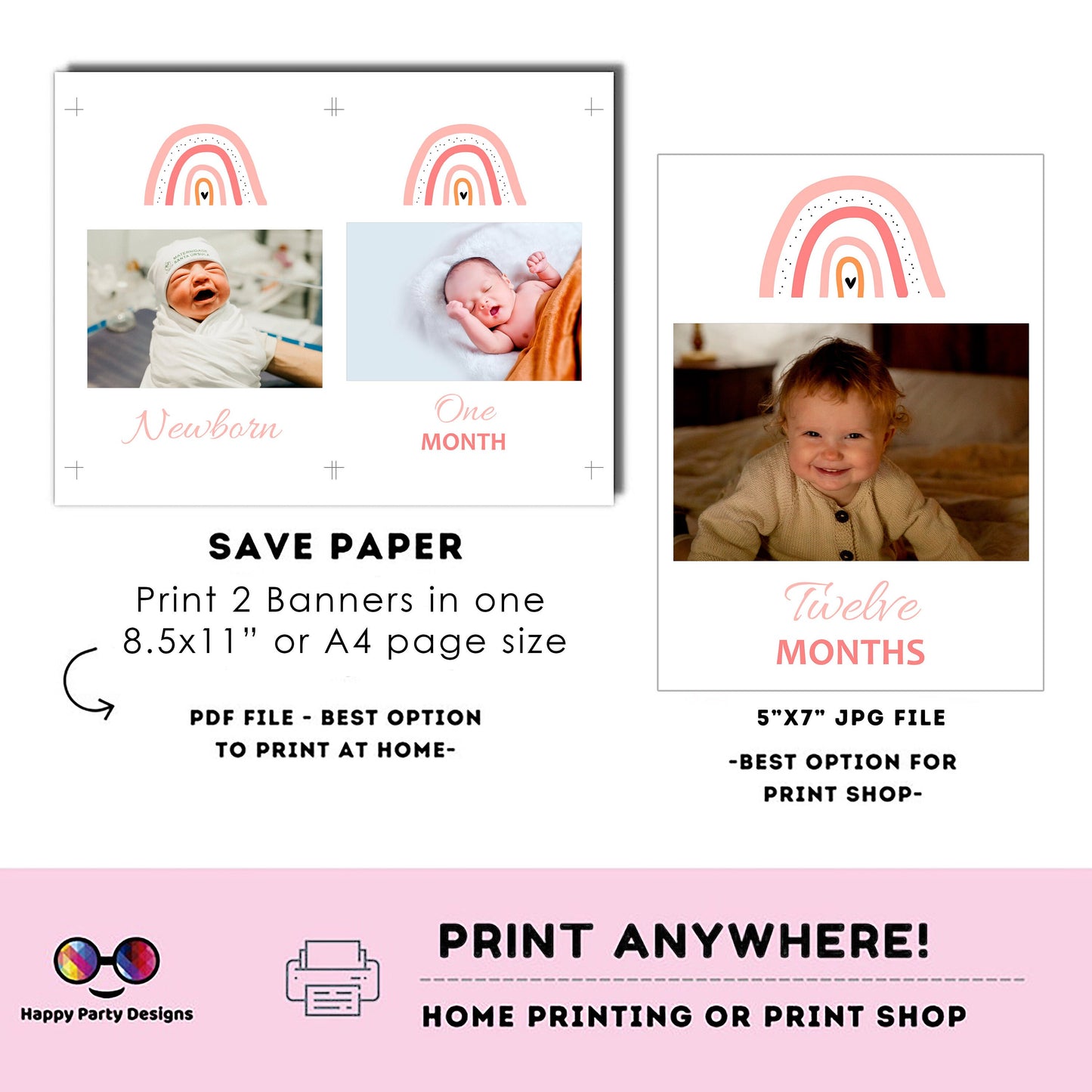 Editable Boho Rainbow Photo Banner | First Birthday | Modern 12 month Banner | Printable Rainbow Birthday | Girls Birthday Party Decor #P1