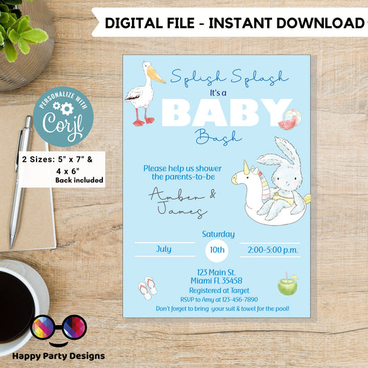 EDITABLE Pool Baby Bash invitation | Pool party Invitation | Baby Shower | Instant Download | Personalize Online | Summer baby shower #B1