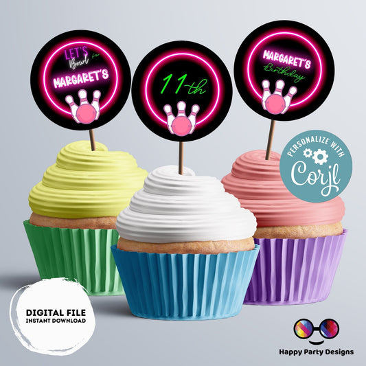 Editable neon bowling Round cupcake toppers | bowling birthday | neon Birthday Party | bowling themed | Girl Birthday Party #KID3