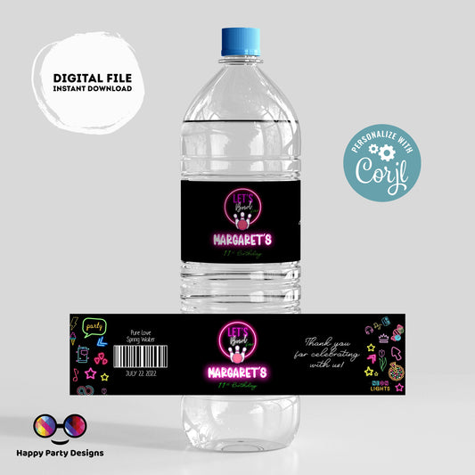 Editable neon Bowling water bottle labels | digital |  printable Bowling labels | Bowling party |  bottle labels | Birthday Girl #KID3