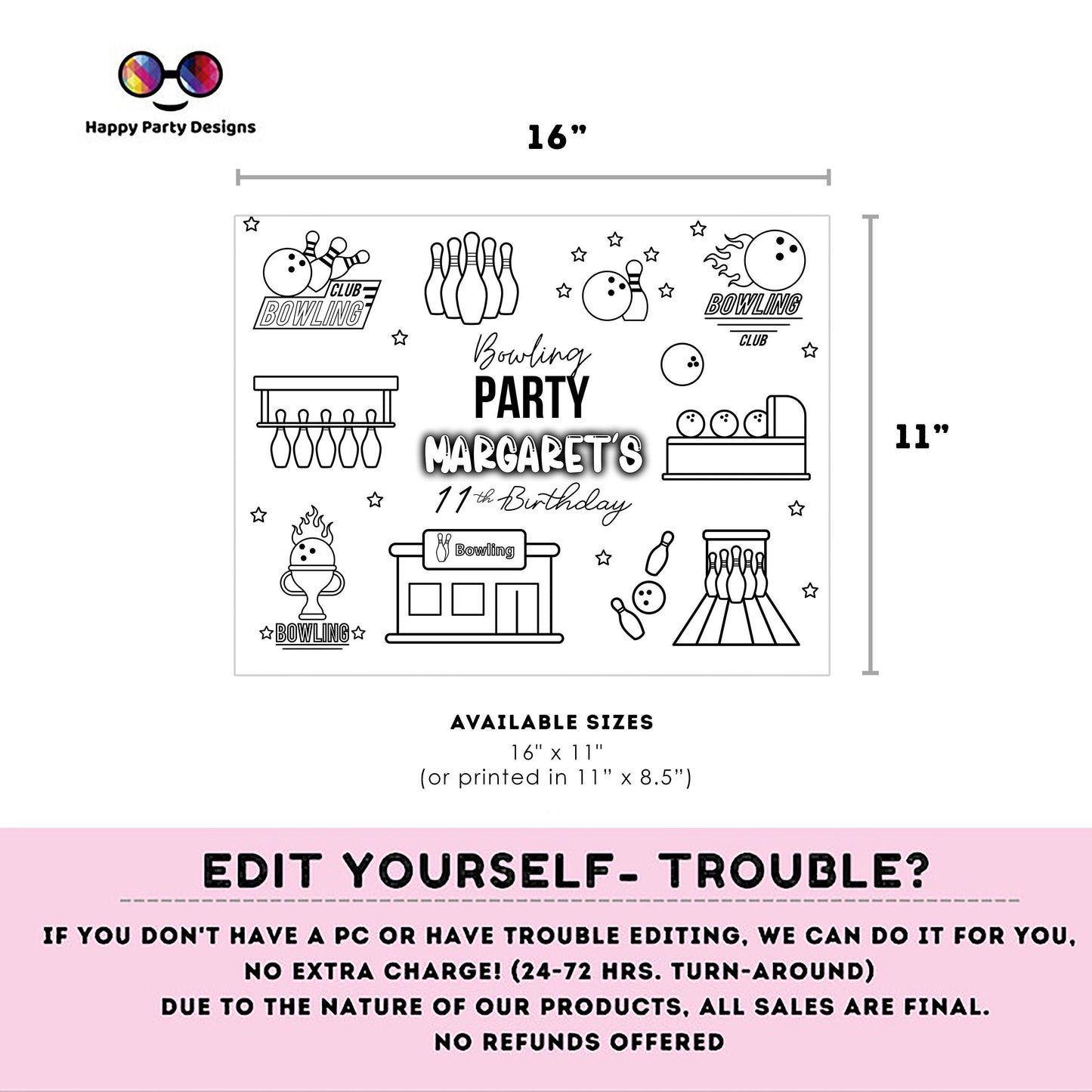 Editable Bowling coloring page | Placemat coloring page | Any Age | Bowling birthday | Bowling Party Activity #KID3