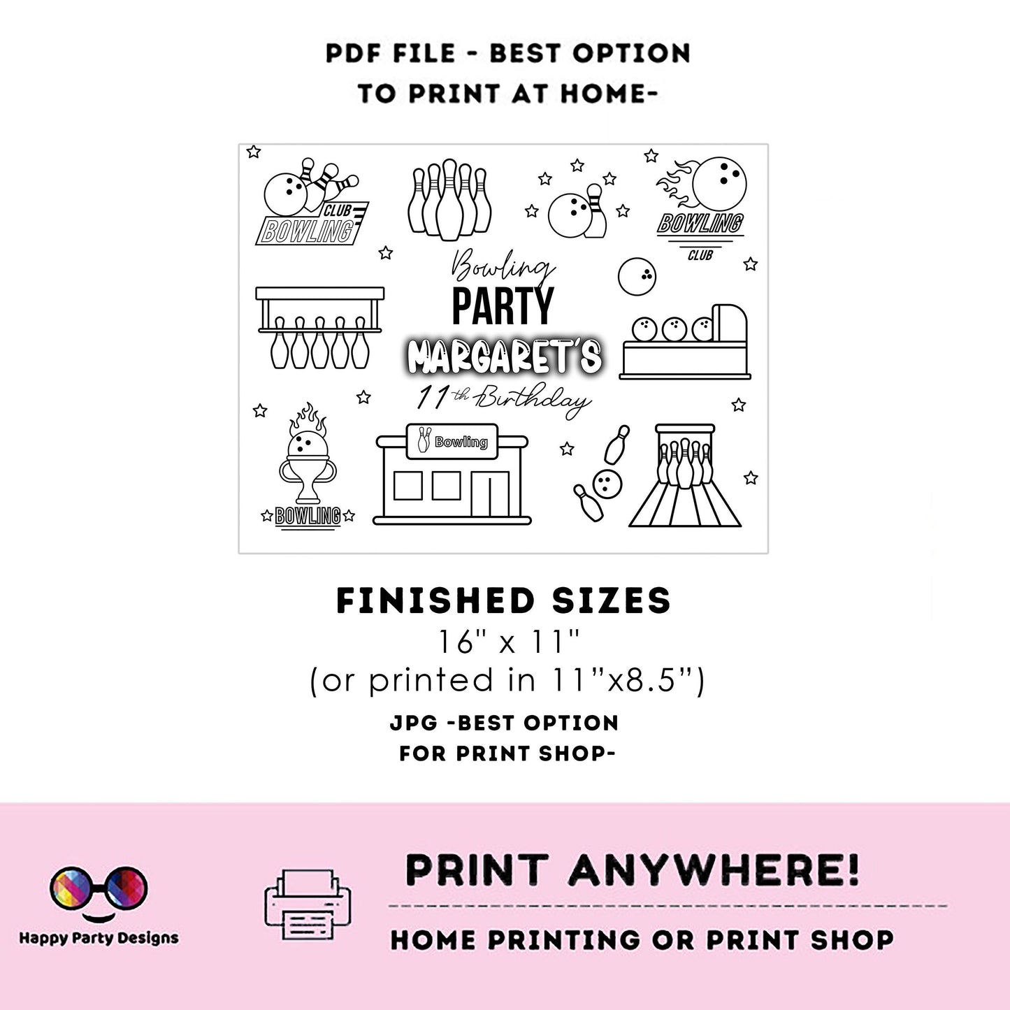 Editable Bowling coloring page | Placemat coloring page | Any Age | Bowling birthday | Bowling Party Activity #KID3
