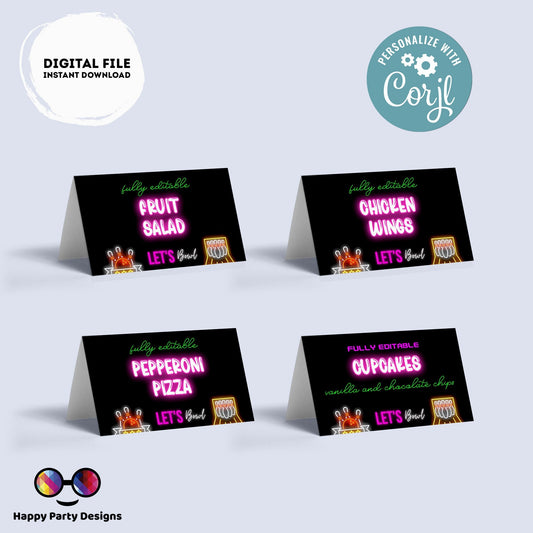 editable neon Bowling Birthday food tent |  Bowling party | buffet labels |  Bowling birthday party | food label template | favors #KID3