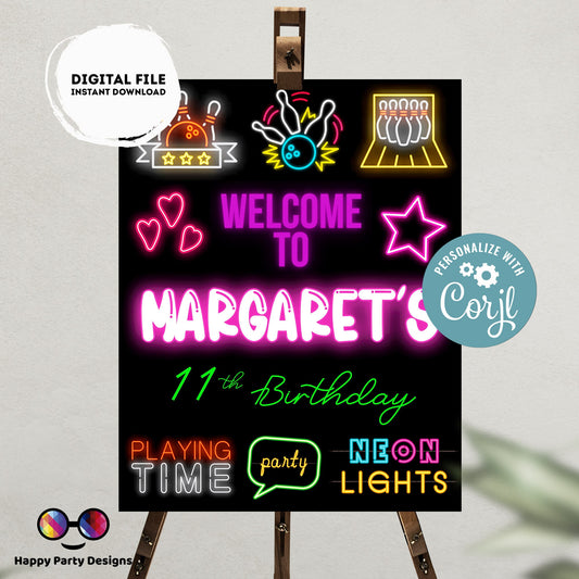 Editable neon Bowling Welcome Sign | Bowling birthday | Bowling birthday Decorations | Girl | Bowling Welcome Sign | Bowling party #KID3