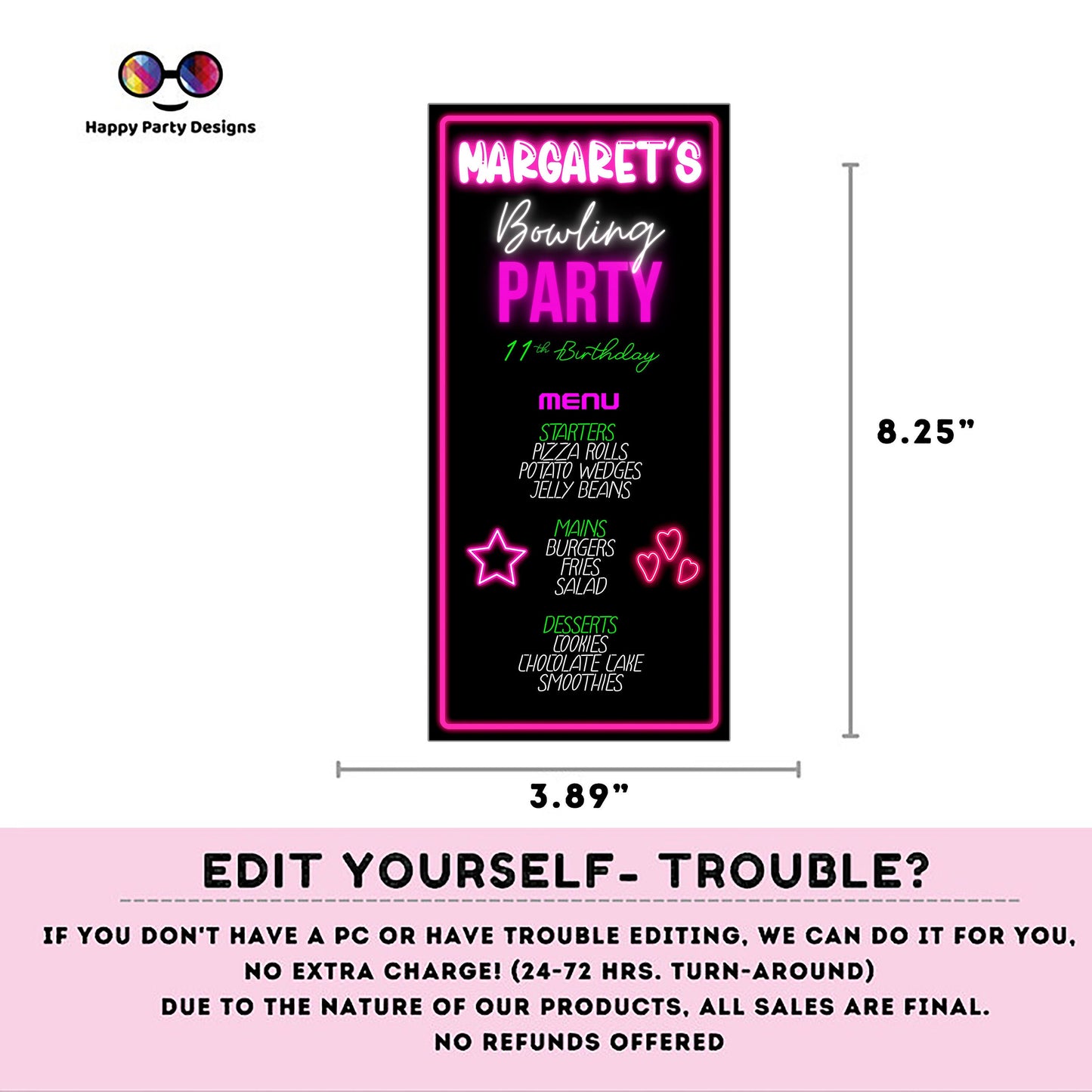 Editable neon Bowling Menu | Digital Bowling printable menu  | Birthday girl | Bowling menu | Personalize Online #KID3