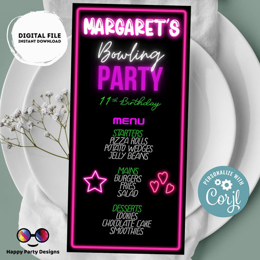 Editable neon Bowling Menu | Digital Bowling printable menu  | Birthday girl | Bowling menu | Personalize Online #KID3