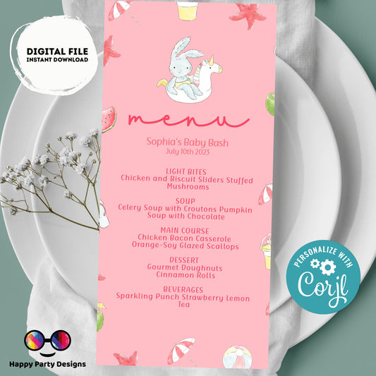Pool baby bash Menu Template | Summer baby shower | Girl | Pool party | Party supplies | Summer baby shower | Baby girl | Summer baby #B2