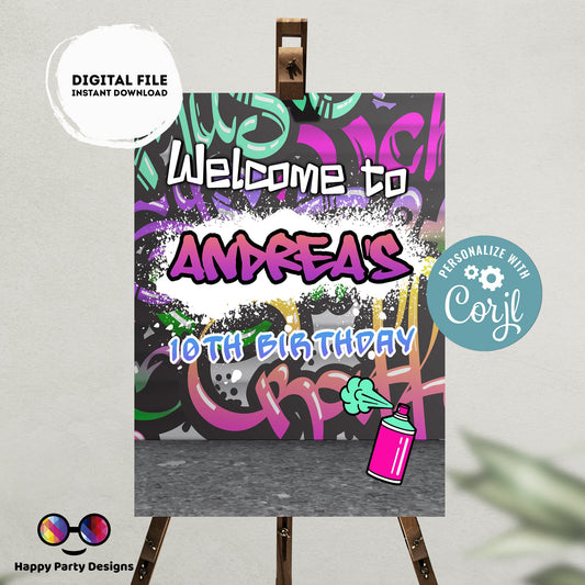 Editable Graffiti Welcome Sign | Digital graffiti printable Pink Welcome sign  | Birthday Girl | Graffiti party | Personalize Online #K2