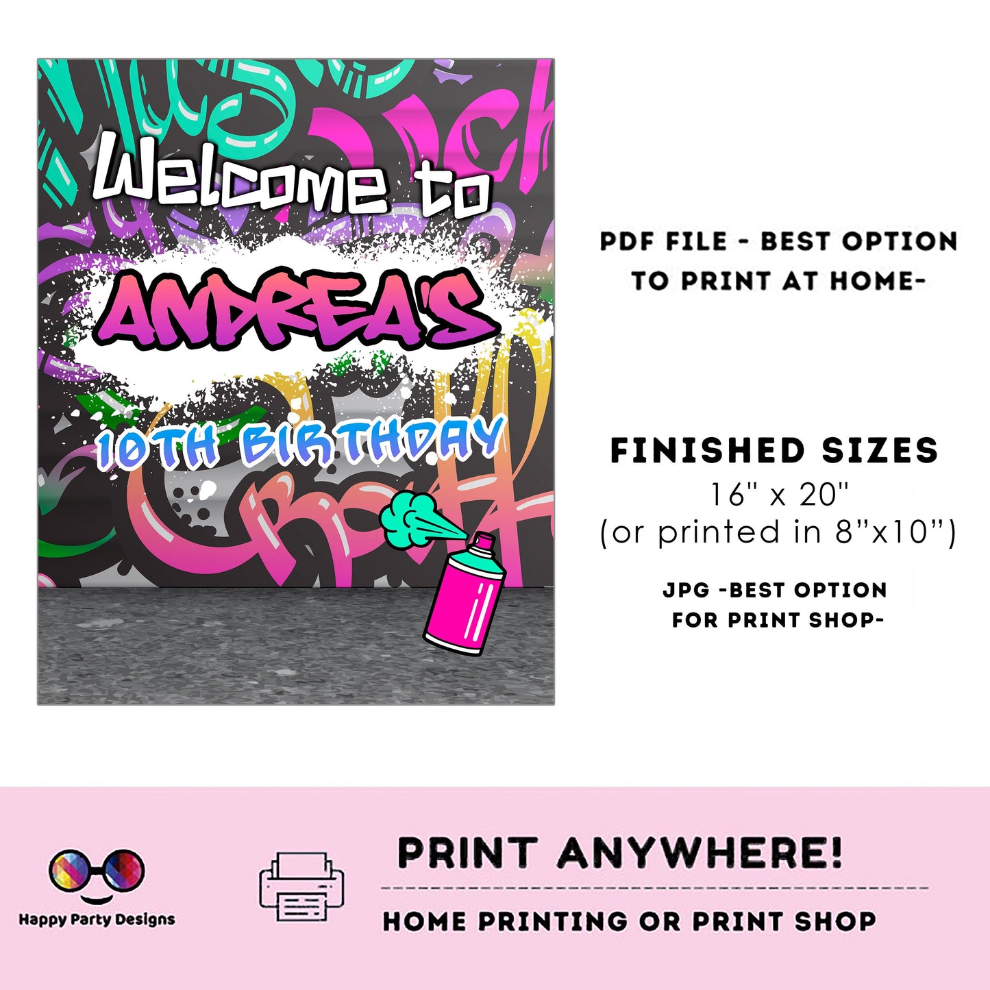 Editable Graffiti Welcome Sign | Digital graffiti printable Pink Welcome sign  | Birthday Girl | Graffiti party | Personalize Online #K2
