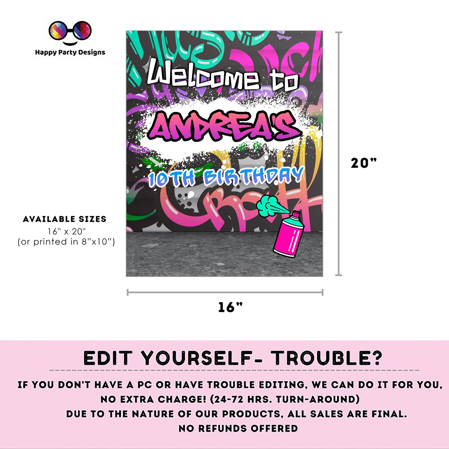 Editable Graffiti Welcome Sign | Digital graffiti printable Pink Welcome sign  | Birthday Girl | Graffiti party | Personalize Online #K2