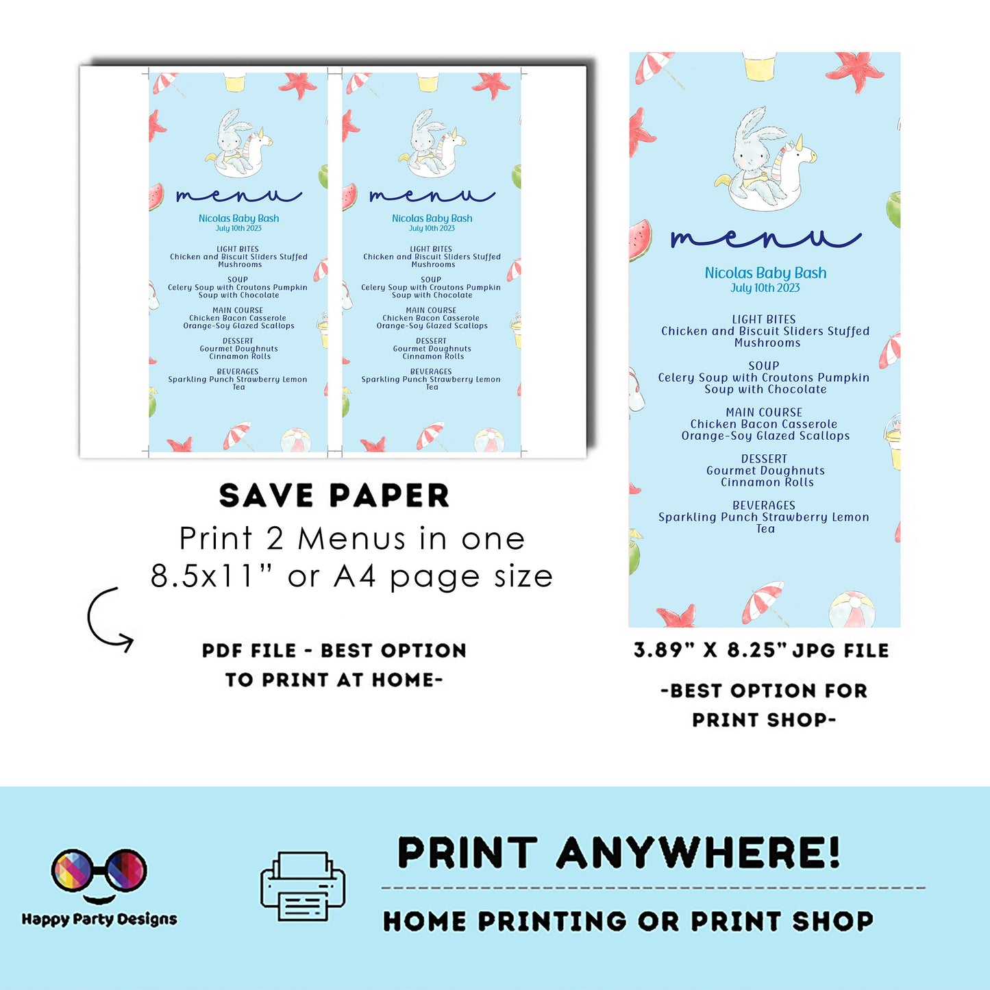 Pool baby bash Menu Template | Summer baby shower | Boy | Pool party | Party supplies | Summer baby shower | Baby boy | Summer baby #B1