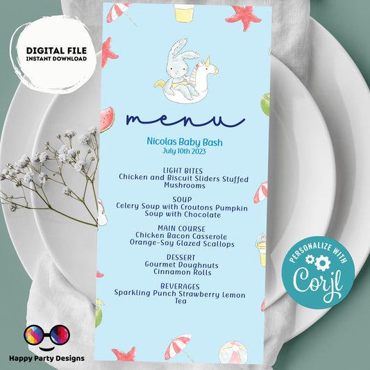 Pool baby bash Menu Template | Summer baby shower | Boy | Pool party | Party supplies | Summer baby shower | Baby boy | Summer baby #B1