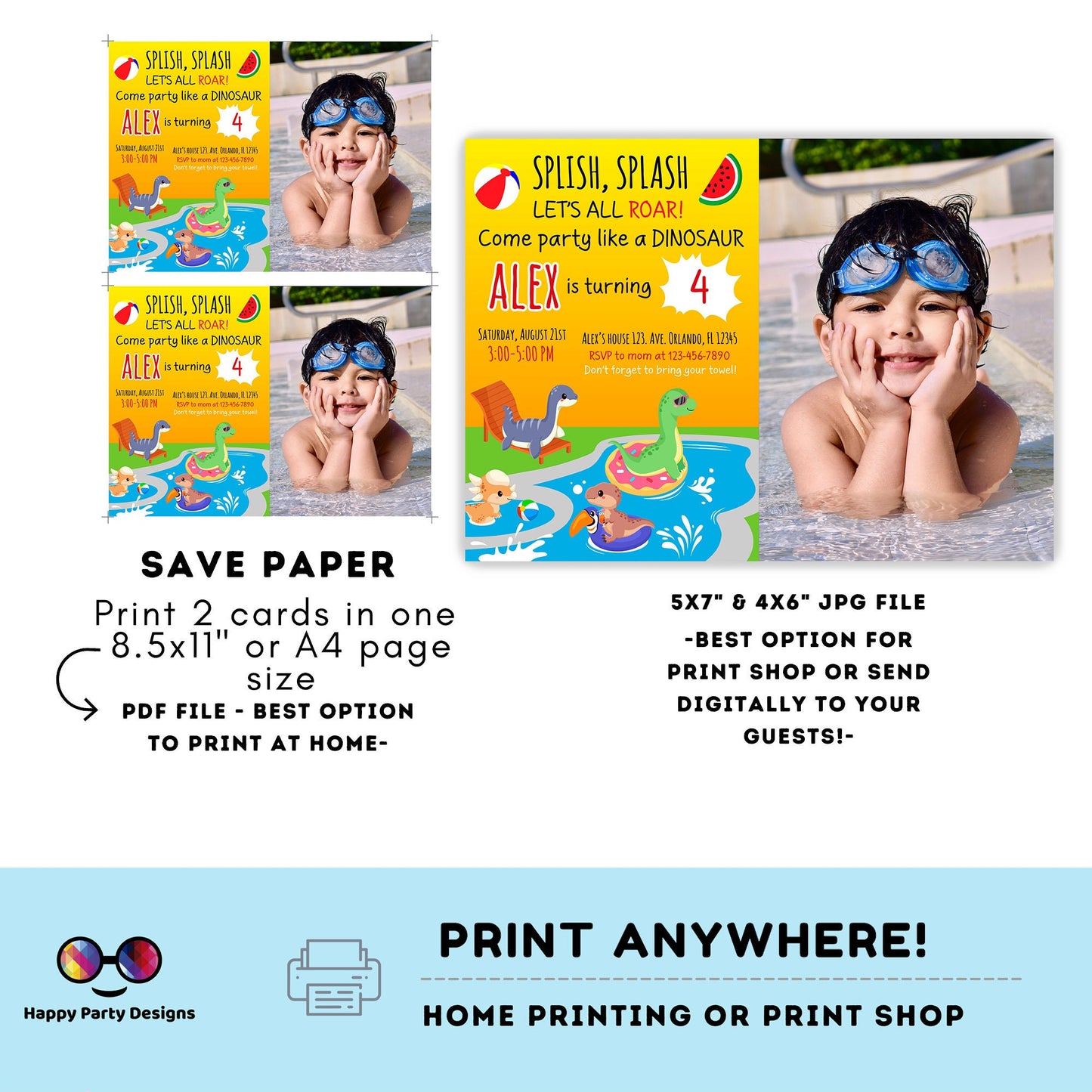 Editable Dinosaur Birthday photo Invitation | Dinosaur pool  Birthday Invite | jurassic trex dinosaur pool party birthday | #K83