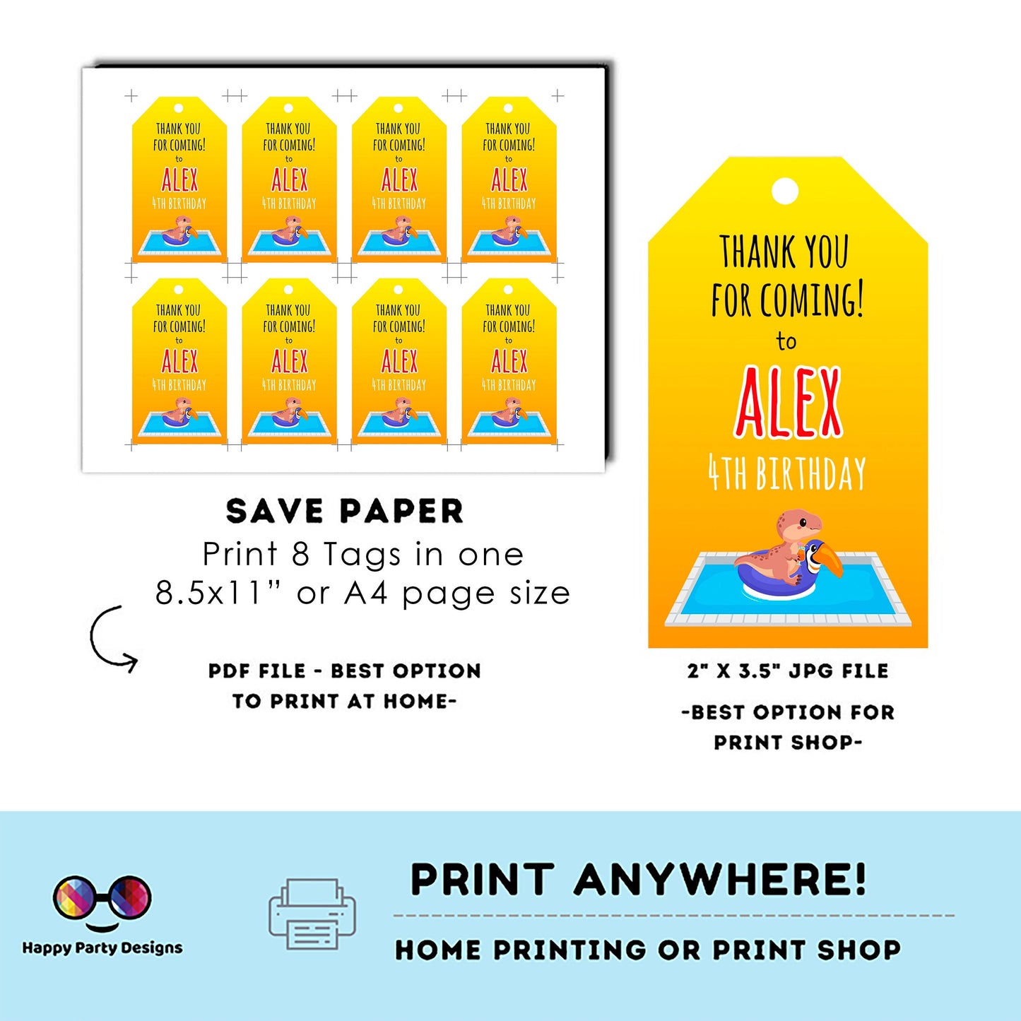 Editable Dinosaur Pool Party Thank you tag | Digital Dinosaur Pool  printable thank you tag | Birthday boy  Dinosaur Pool Thank You tag #K83