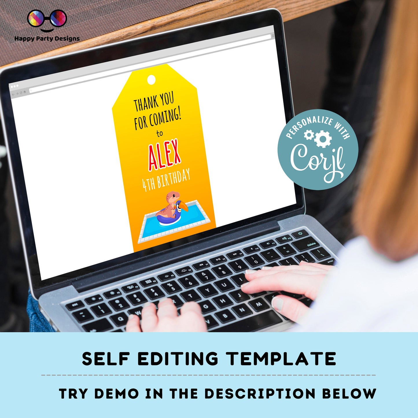 Editable Dinosaur Pool Party Thank you tag | Digital Dinosaur Pool  printable thank you tag | Birthday boy  Dinosaur Pool Thank You tag #K83