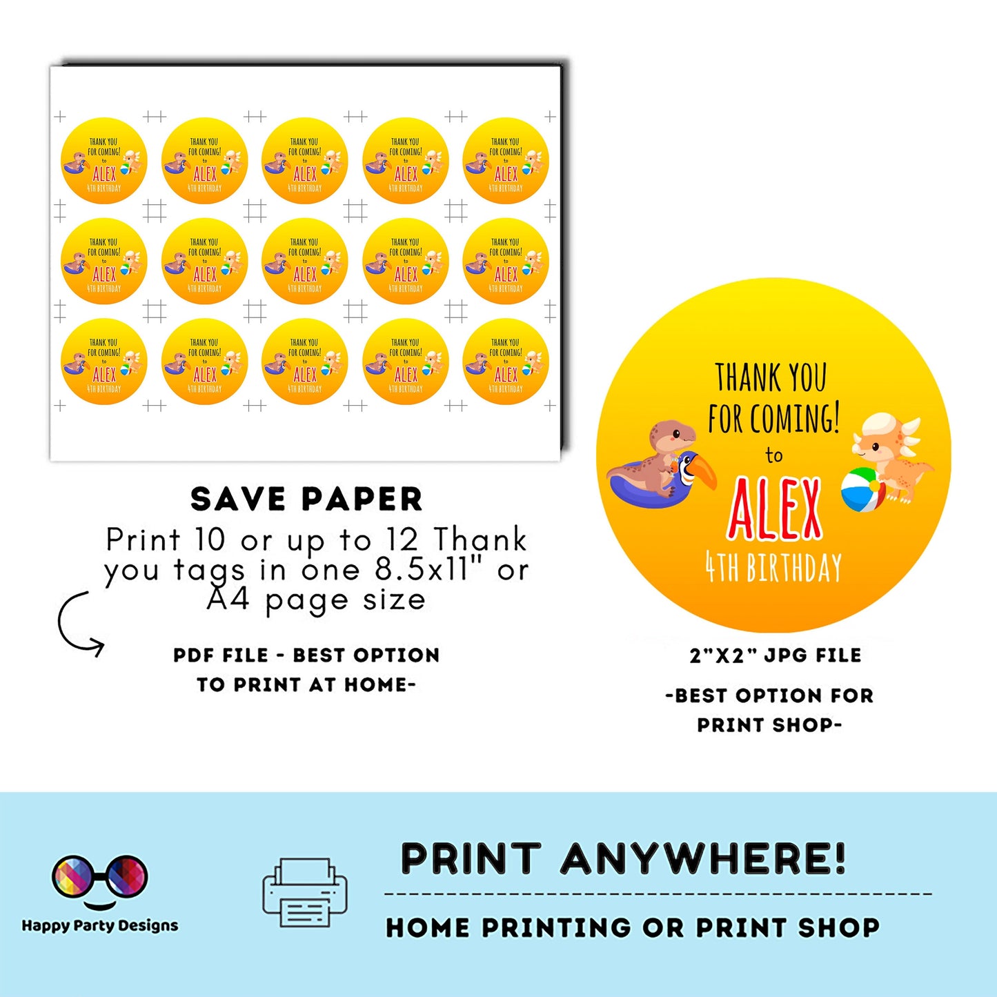 Editable Dinosaur Pool Party Thank you tag | Digital Dinosaur Pool  printable thank you tag | Birthday boy | Dinosaur Pool tag #K83