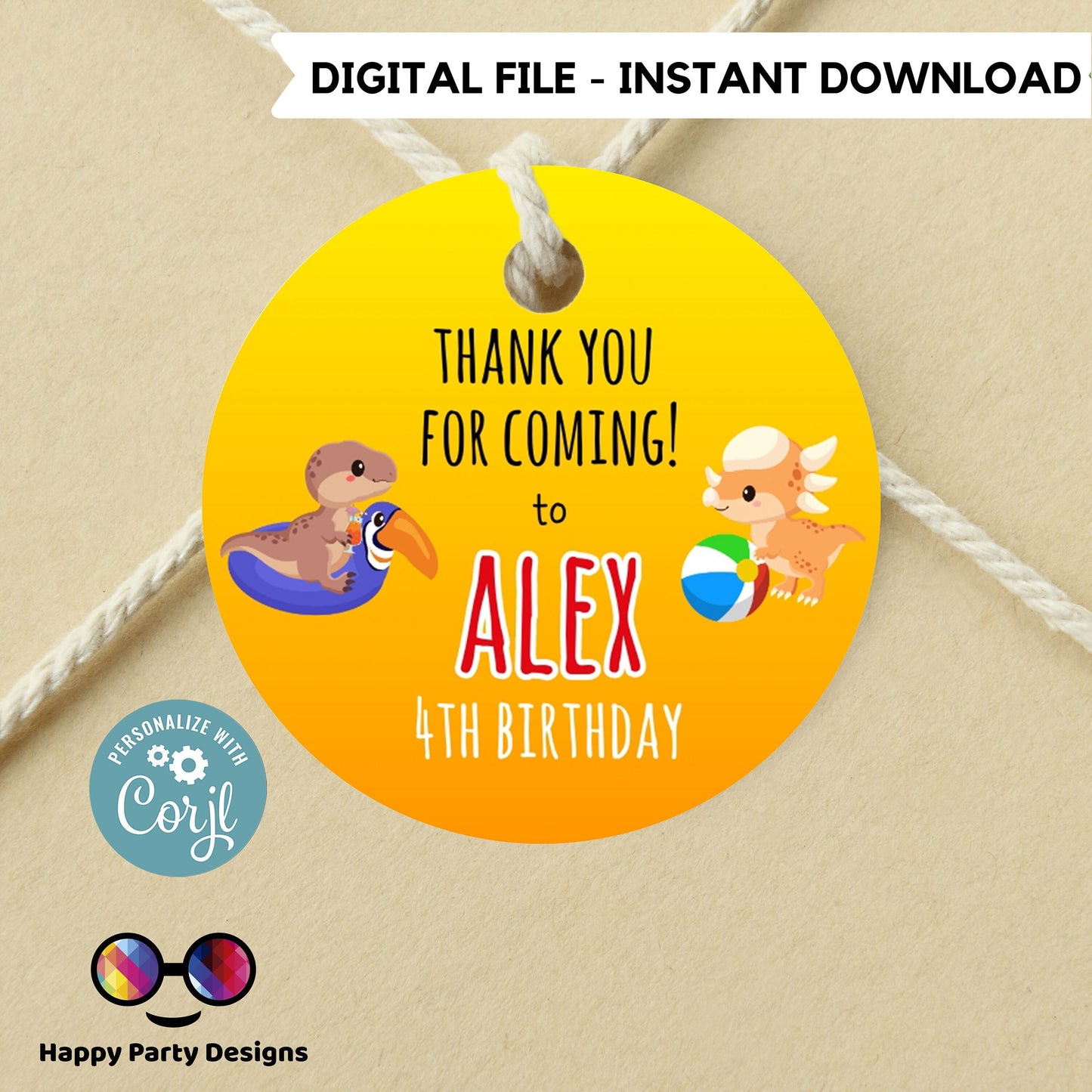 Editable Dinosaur Pool Party Thank you tag | Digital Dinosaur Pool  printable thank you tag | Birthday boy | Dinosaur Pool tag #K83