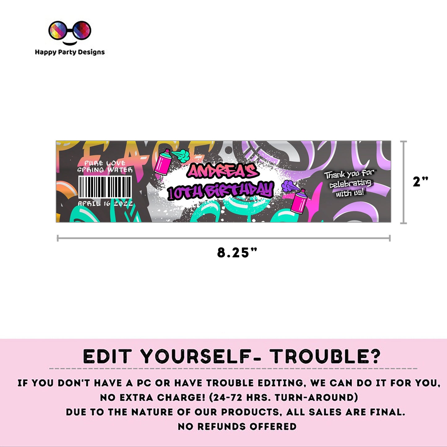 Editable Graffiti water bottle labels | digital labels |  printable graffiti labels |  graffiti party |  bottle labels  | Birthday Girl #K2
