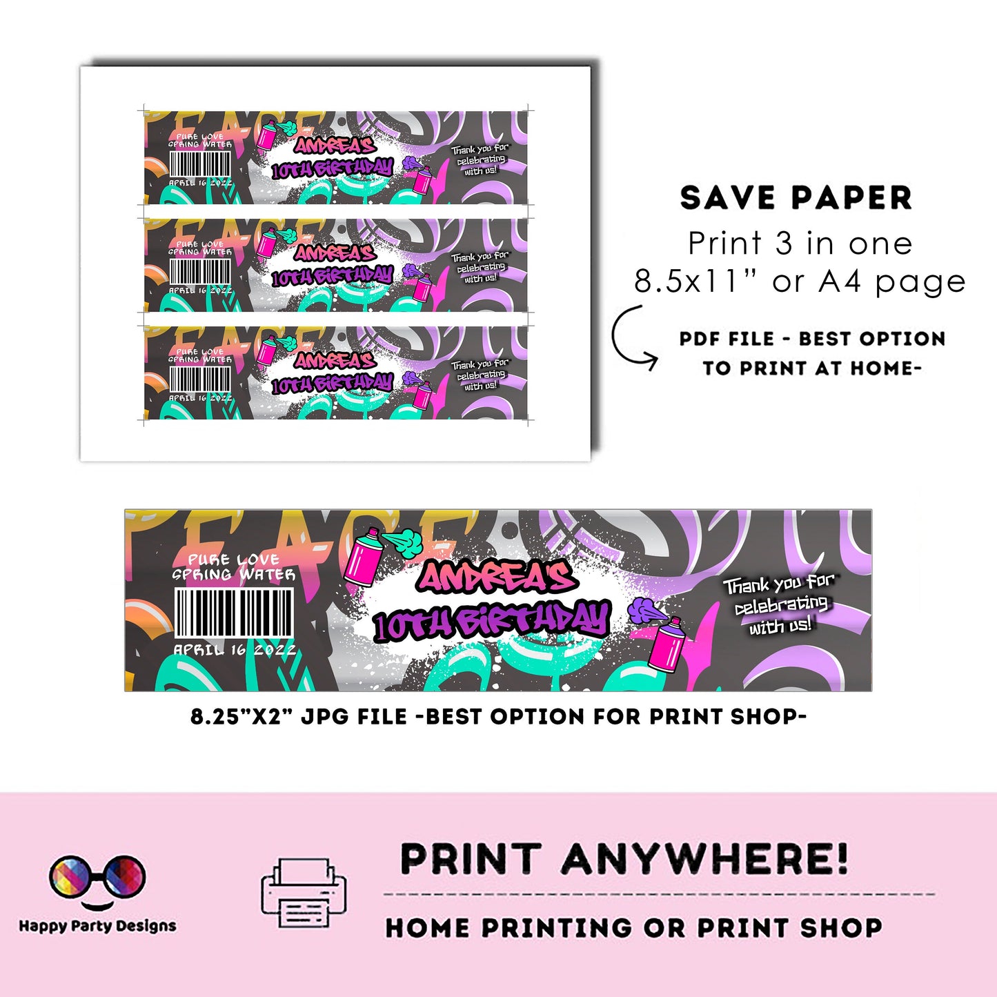 Editable Graffiti water bottle labels | digital labels |  printable graffiti labels |  graffiti party |  bottle labels  | Birthday Girl #K2